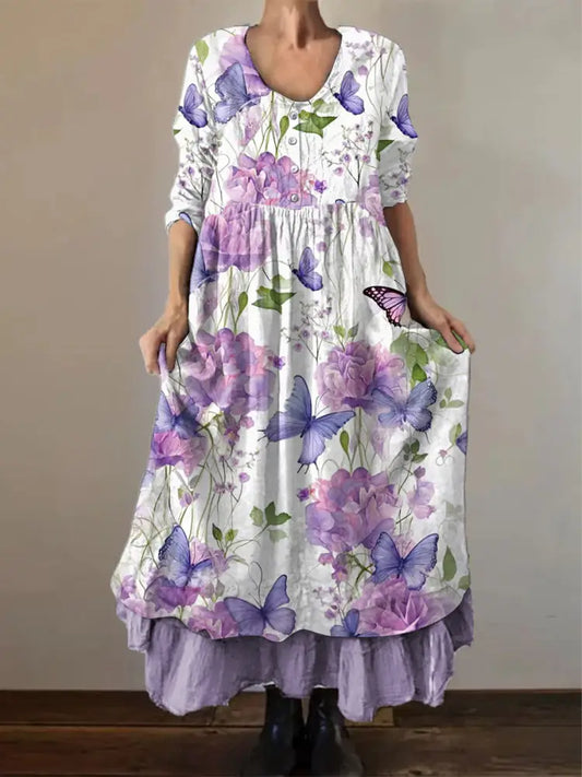 Women’s Purple Butterflies Flowers Print Alzheimer’s Awareness Support Dress White / S