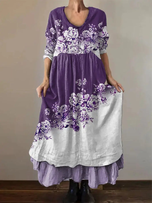 Women’s Purple Flowers Colorblock Print Alzheimer’s Awareness Support Dress Purple / S