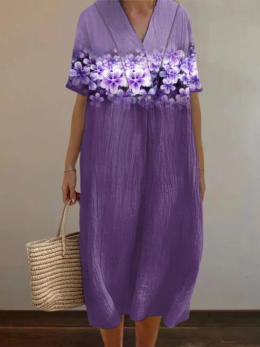 Women’s Purple Flowers Print Alzheimer’s Awareness Support Dress Purple / S