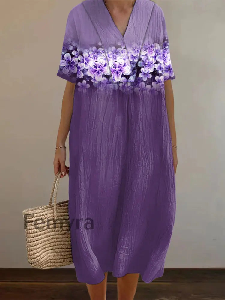 Women’s Purple Flowers Print Alzheimer’s Awareness Support Dress Purple / S
