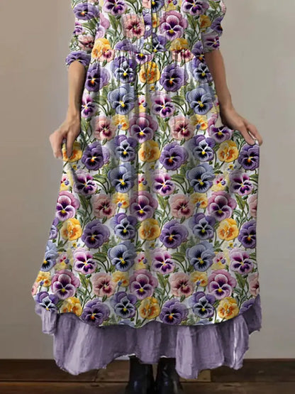 Women’s Purple Pansy Print Alzheimer’s Awareness Support Dress