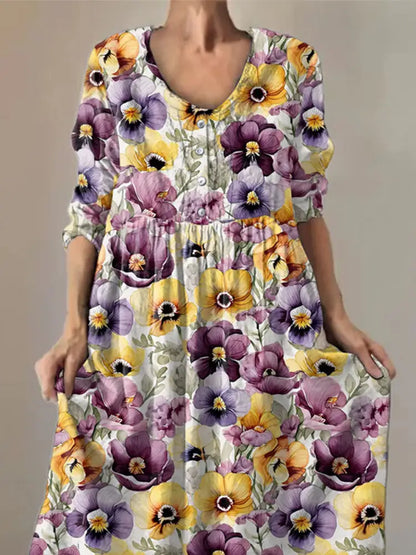 Women’s Purple Pansy Print Alzheimer’s Awareness Support Dress