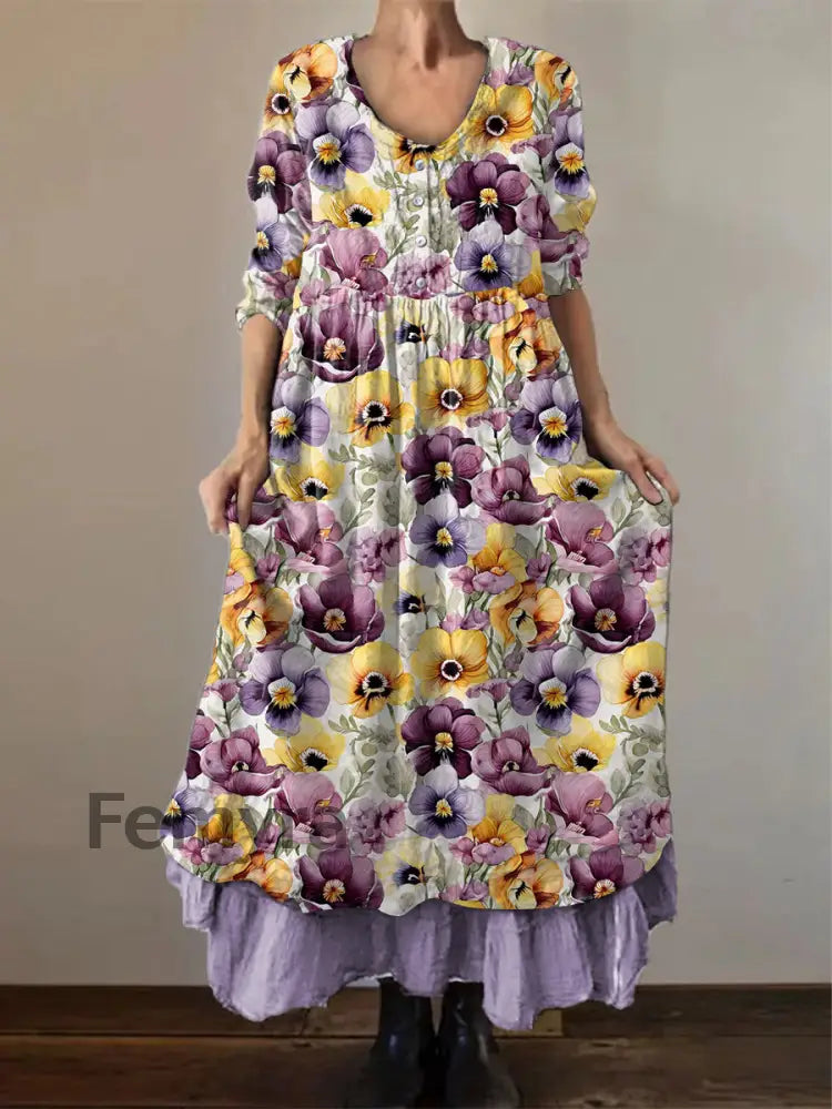Women’s Purple Pansy Print Alzheimer’s Awareness Support Dress Purple / S