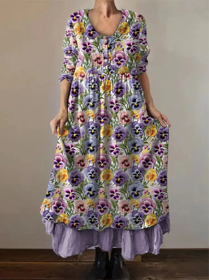 Women’s Purple Pansy Print Alzheimer’s Awareness Support Dress Purple / S