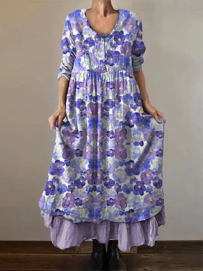 Women’s Purple Pansy Print Alzheimer’s Awareness Support Dress Purple / S