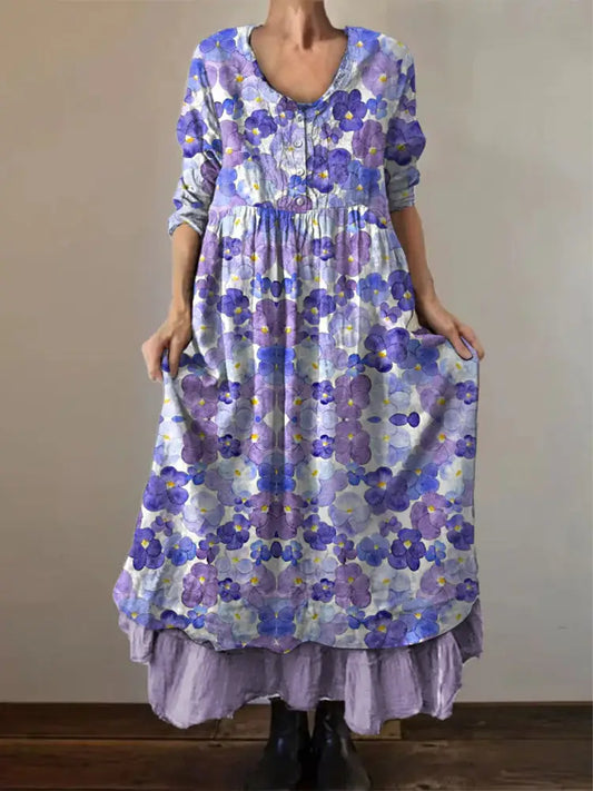 Women’s Purple Pansy Print Alzheimer’s Awareness Support Dress Purple / S