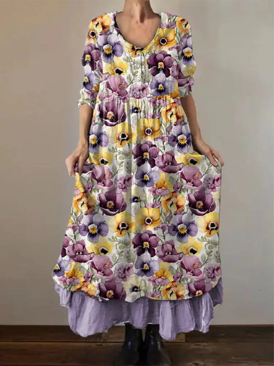 Women’s Purple Pansy Print Alzheimer’s Awareness Support Dress Purple / S
