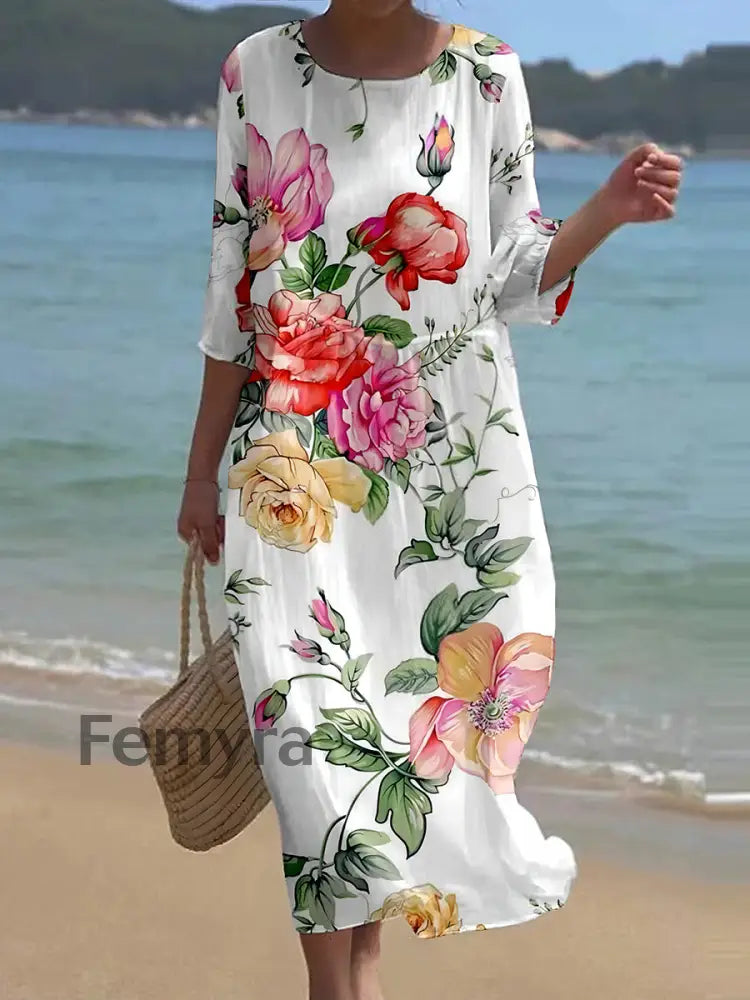 Women’s Retro Floral Art Print Round Neck Maxi Dress