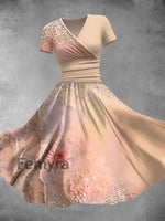 Women’s Retro Lace Floral Art Print V-Neck Long Dress A / S