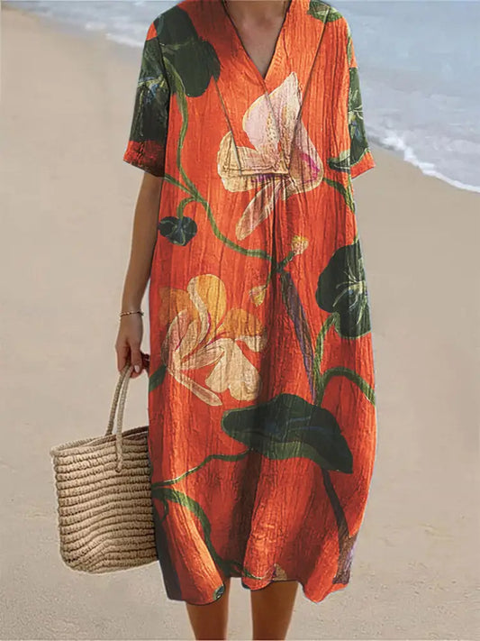 Women’s Retro Positioning Printed V-Neck Short Sleeve Cotton Linen Dress