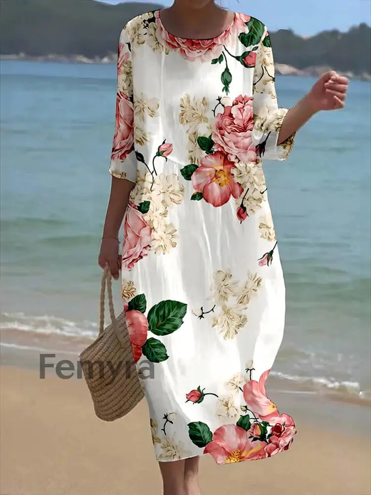 Women’s Retro Round Neck Floral Art Long Dress
