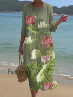Women’s Retro Round Neck Floral Art Long Dress A / M