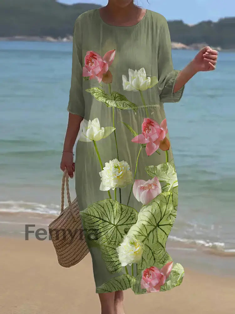 Women’s Retro Round Neck Floral Art Long Dress A / M