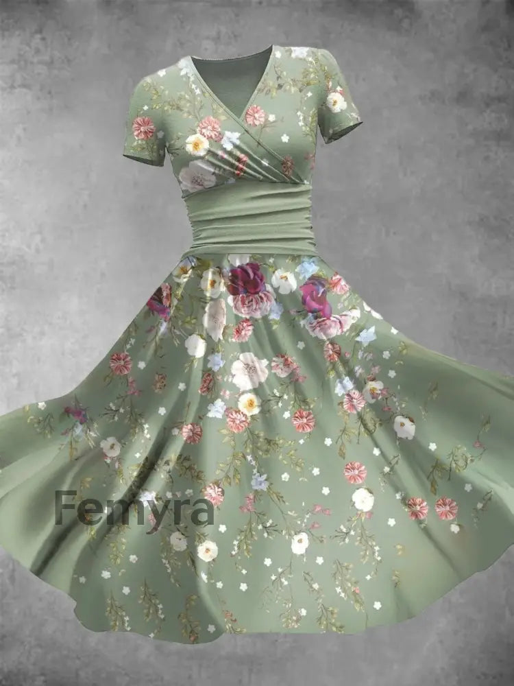 Women’s Retro V-Neck Floral Art Print Short Sleeve Casual Dress