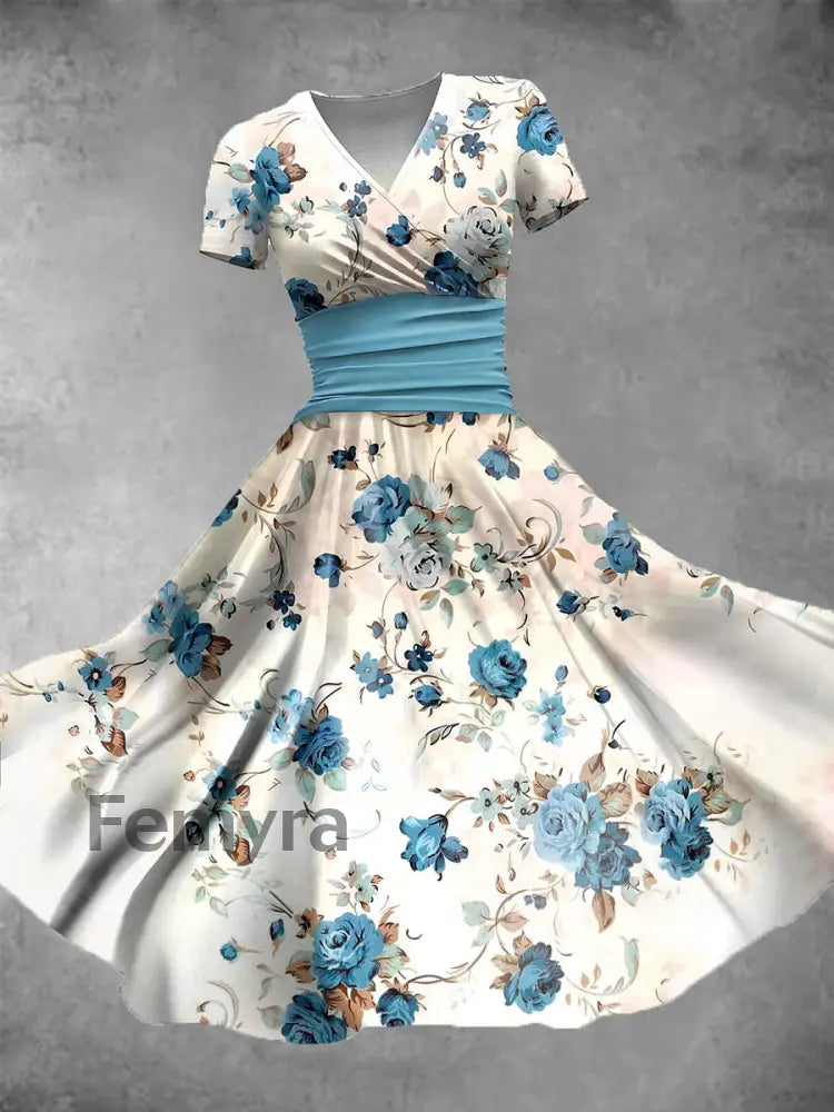 Women’s Retro V-Neck Floral Art Print Short Sleeve Casual Dress