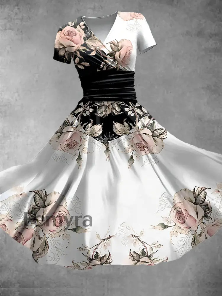 Women’s Retro V-Neck Floral Art Print Short Sleeve Casual Dress