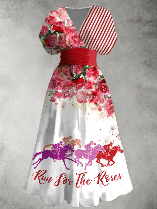 Women’s Run for the roses V-neck vintage dress As picture / S