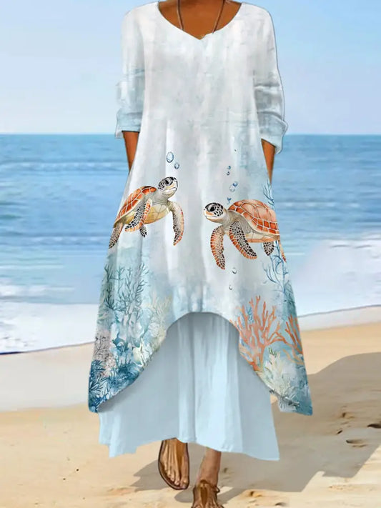 Women’s Sea Turtle Print Summer Beach Ocean Vacation Casual Dress Light Blue / S