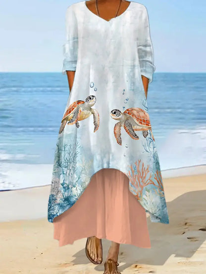 Women’s Sea Turtle Print Summer Beach Ocean Vacation Casual Dress Orange / S