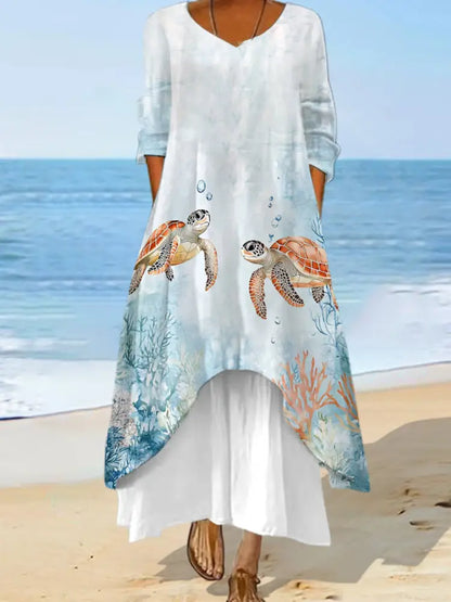 Women’s Sea Turtle Print Summer Beach Ocean Vacation Casual Dress White / S