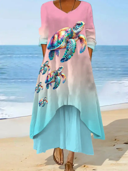 Women’s Sea Turtles Print Summer Beach Ocean Vacation Casual Dress Blue / S