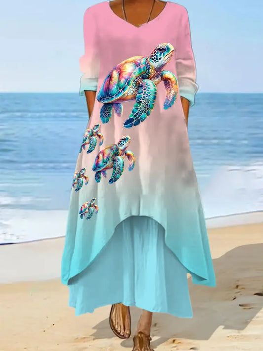Women’s Sea Turtles Print Summer Beach Ocean Vacation Casual Dress Blue / S