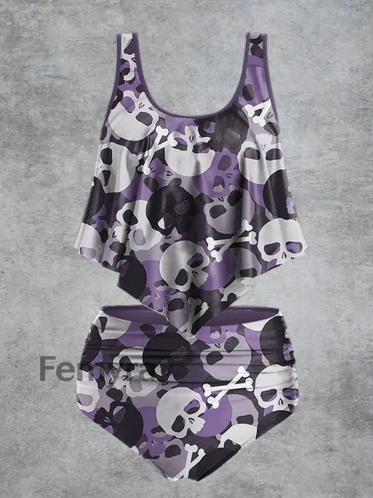 Women’s Skull Print High Waist Casual Swimsuit Two Piece Set Purple / S