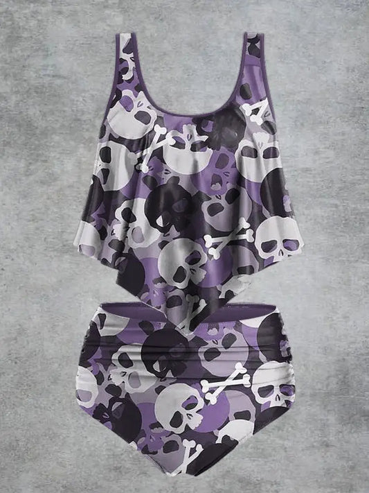 Women’s Skull Print High Waist Casual Swimsuit Two Piece Set Purple / S
