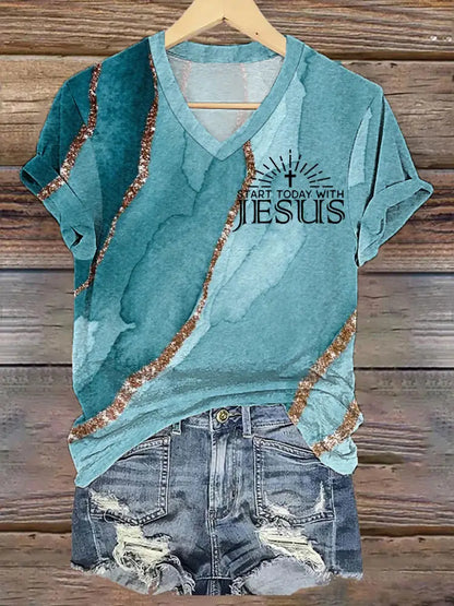 Women’s Start Today With Jesus Christian Cross Faith Art Print Casual V-Neck Tee Blue / S