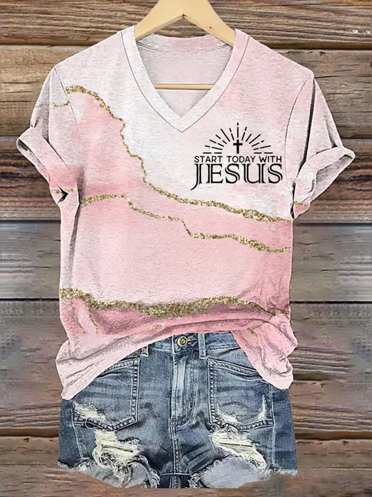 Women’s Start Today With Jesus Christian Cross Faith Art Print Casual V-Neck Tee Pink / S