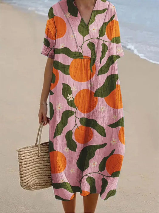 Women’s Tangerine Fruit Art Print Short Sleeve Dress Jacinth / S