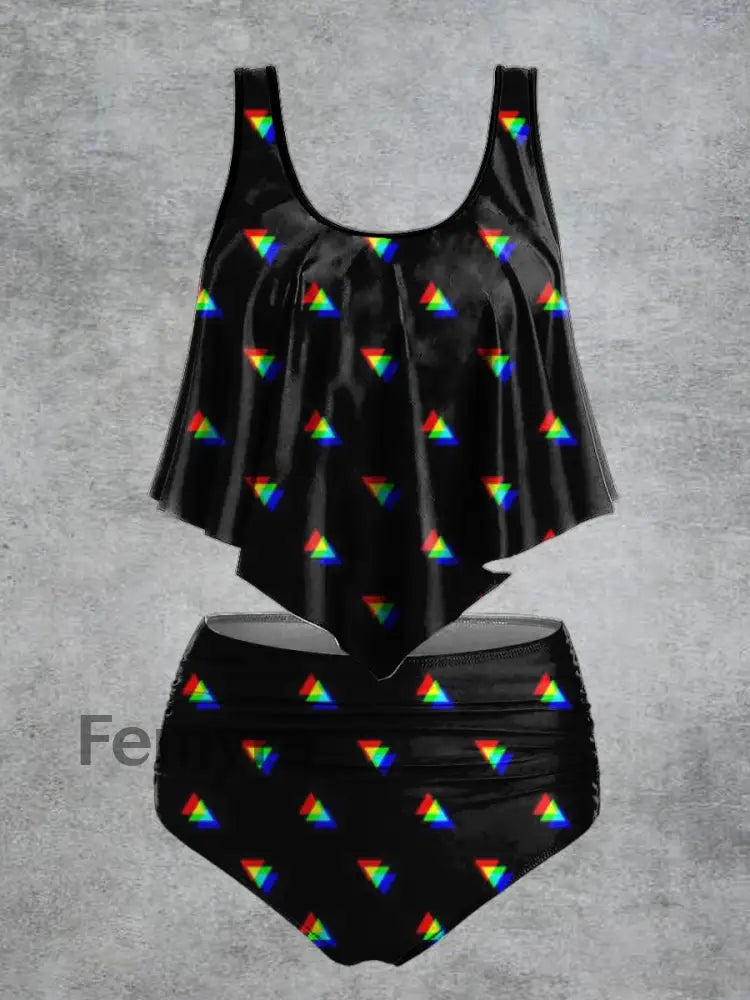 Women’s Triangle Print High Waist Casual Swimsuit Two Piece Set Black / S