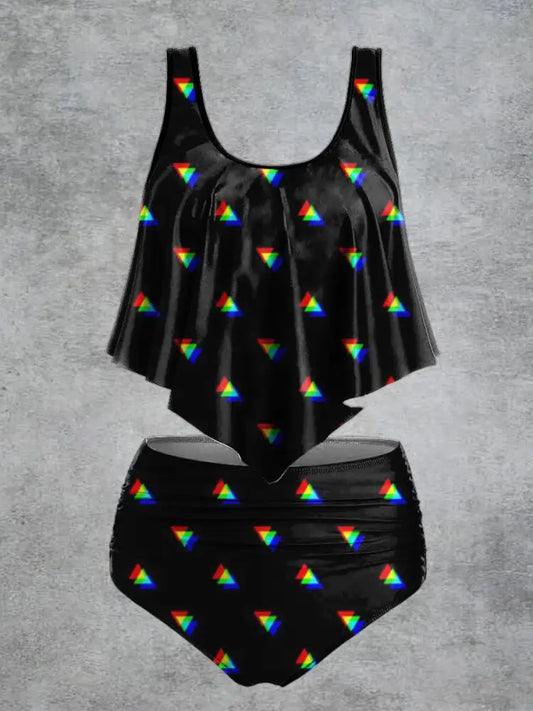 Women’s Triangle Print High Waist Casual Swimsuit Two Piece Set Black / S
