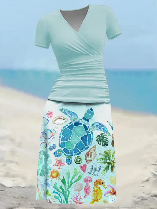 Women’s Turtle Printed Printed Printed V-Neck Short Sleeve Midi Dress Lake Green / S