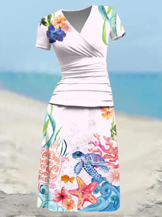 Women’s Turtle Printed Printed Printed V-Neck Short Sleeve Midi Dress Light Pink / S