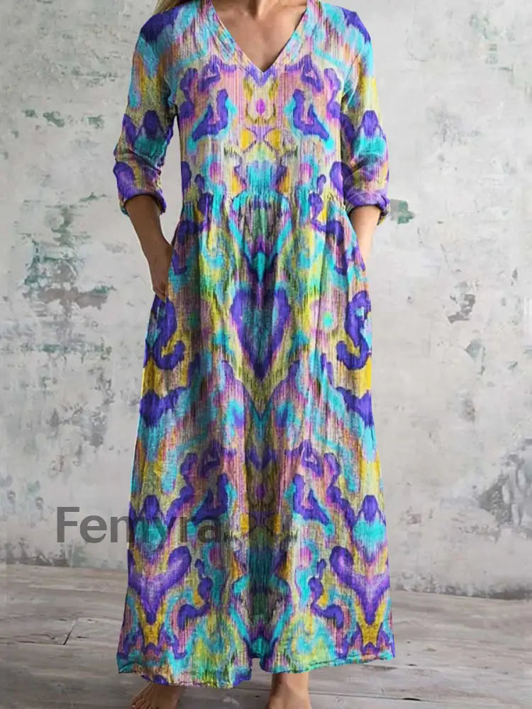 Women’s V-Neck Elegant Artistic Colorful Geometric Pattern Dresses Colorful / S