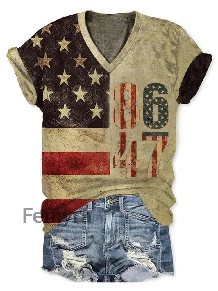 Women’s Vintage 8647 Flag Print T-shirt As picture / S