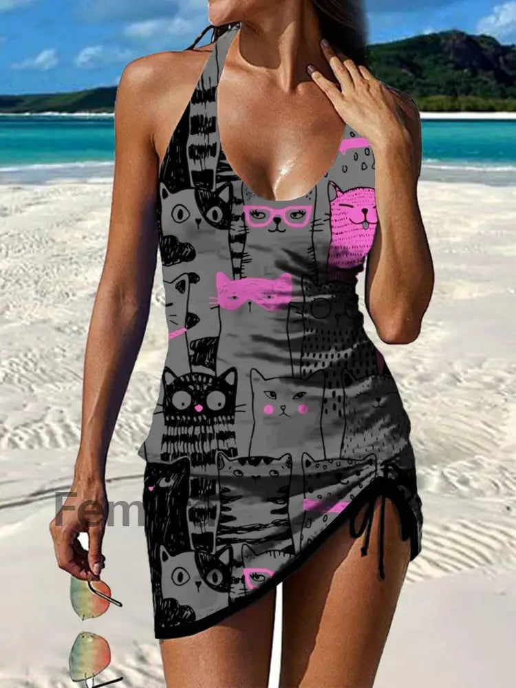 Women’s Vintage Art Print Pleated V-Neck Casual Swimsuit A / S