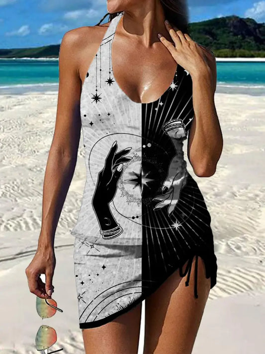 Women’s Vintage art Print Pleated V-Neck Casual Swimsuit A / S