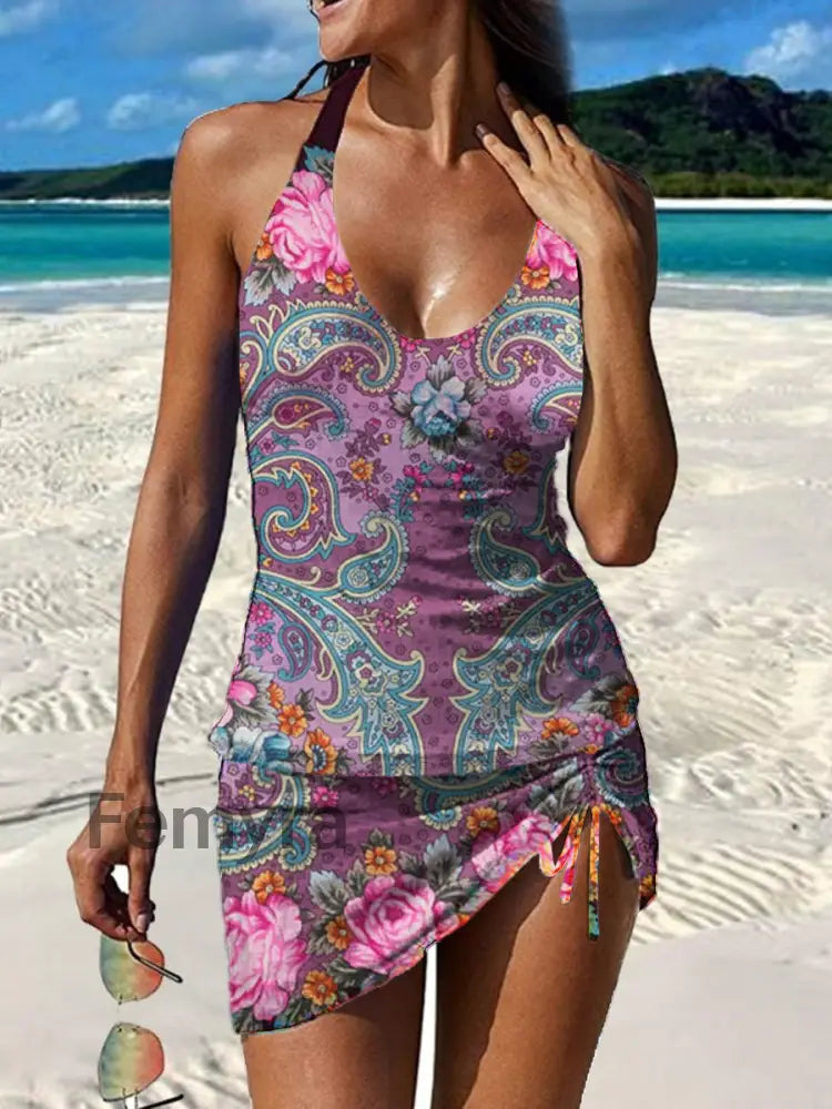 Women’s Vintage Art Print Pleated V-Neck Casual Swimsuit A / S