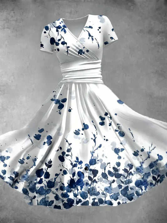 Women’s Vintage Blue Leaf Art Print V Neck Maxi Dress