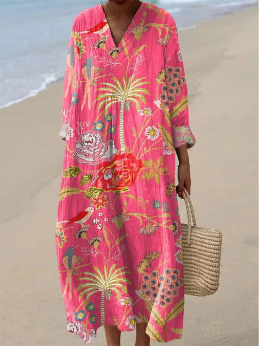 Women’s Vintage Floral Art Print 3/4 Sleeve Dress Pink / S