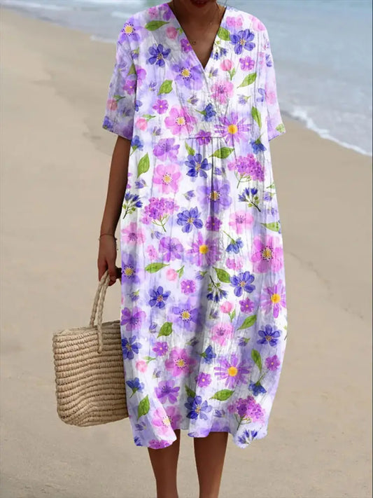 Women’s Vintage Floral Art Print Flowy Dress Purple / S