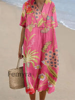 Women’s Vintage Floral Art Print Short Sleeve Dresses Pink / S
