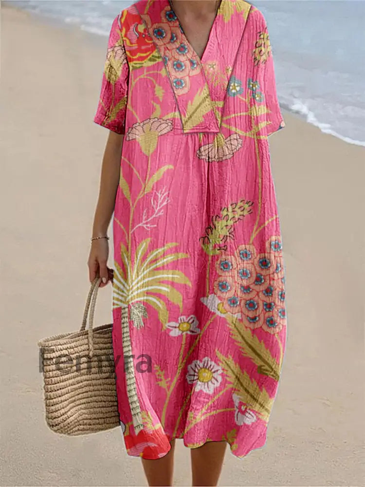 Women’s Vintage Floral Art Print Short Sleeve Dresses Pink / S