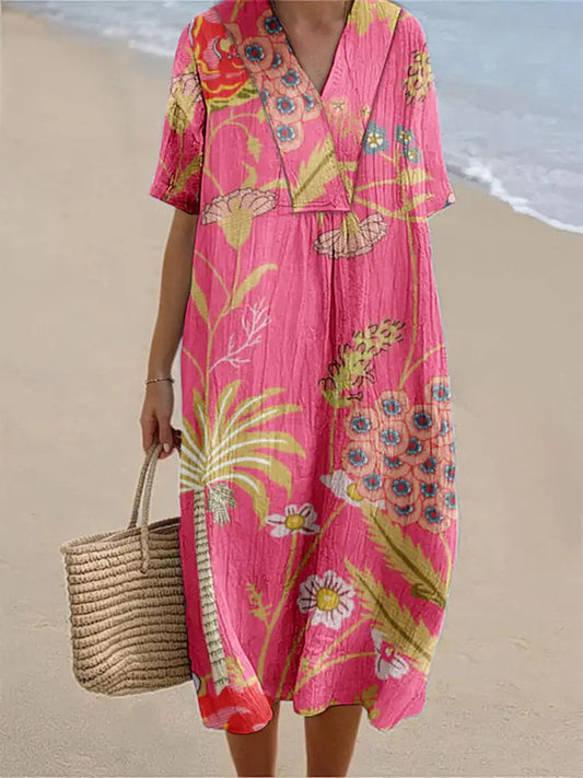 Women’s Vintage Floral Art Print Short Sleeve Dresses Pink / S