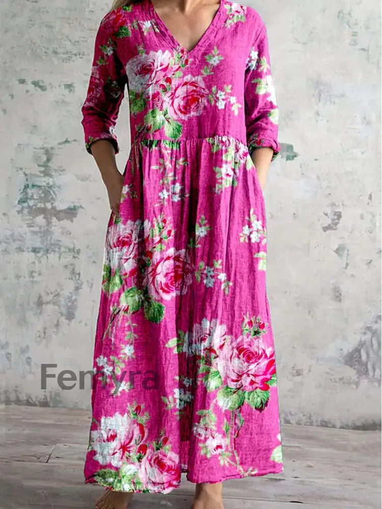 Women’s Vintage Floral Art Print V-Neck Maxi Dress