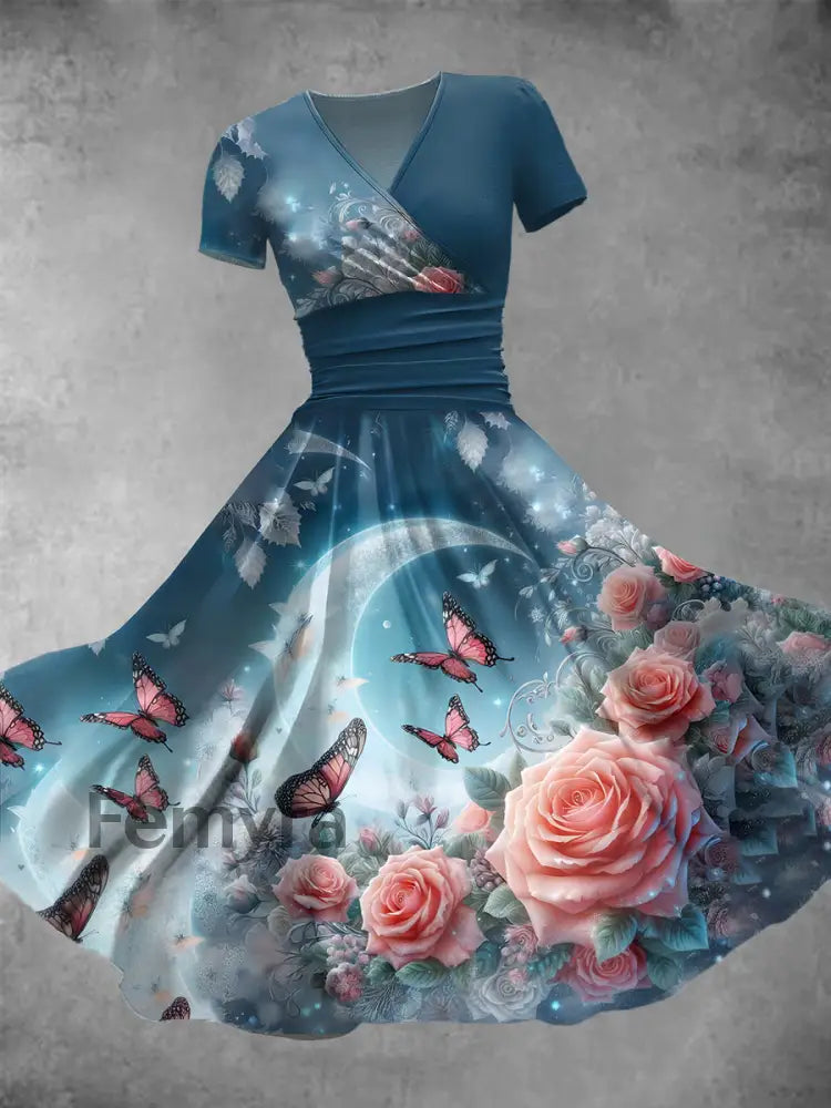 Women’s Vintage Floral Butterfly Art Print V-Neck Long Dress