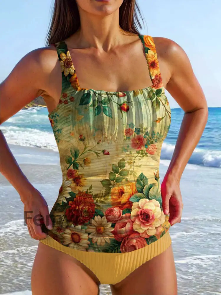 Women’s Vintage Floral Print Casual Swimsuit A / S