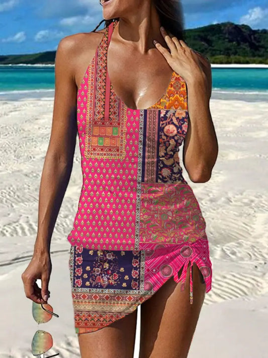 Women’s Vintage Floral Print Pleated V-Neck Casual Swimsuit A / S